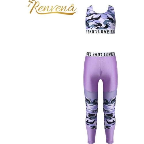 Kids Girls Tracksuits Ballet Dancewear U Neck Sport Bra Top Mesh Patchwork Pant Leggings Kids Set Workout Gymnastics Outfits