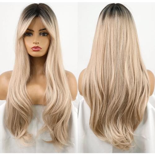 Long Wave Wigs Ombre Black Blonde Synthetic Wigs with Side Bangs Heat Resistant Fiber Daily Party Hair Cosplay Wigs for Women