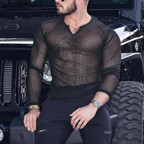 INCERUN Fashion Men Mesh T Shirt V Neck Streetwear See Through Long Sleeve Sexy Tee Tops Fitness Party Nightclub T-shirts 2021