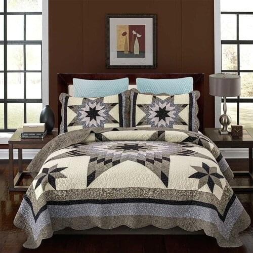 Oversize King Queen Quilted Cotton Bedspread Coverlet Set Octagon Patchwork Style Pattern Stars Durable Squares Stripes Fabric