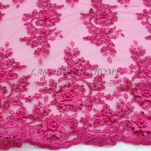 New Fucsia/Beige/ bright Yellow /pink /orange handmade 3D flowers/beaded wedding/evening dress lace fabric 49'' width 1 yard