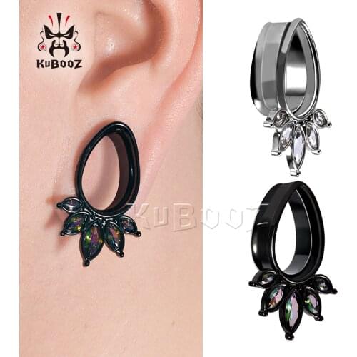 KUBOOZ Fashion Stainless Steel Water Drop Flower Zircon Ear Piercing Plugs Expanders Body Jewelry Earring Stretchers Gauges 2PCS
