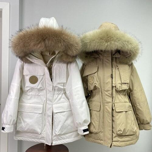 2021 Winter Women White Duck Down Jacket Thick Warm Parkas Female Pocket Hooded Windproof Loose Coat Real Raccoon Fur