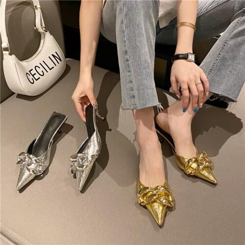 Fashion high heels womens outer wear 2021 new summer stiletto pointed patent leather toe cap half-drag sandals and slippers