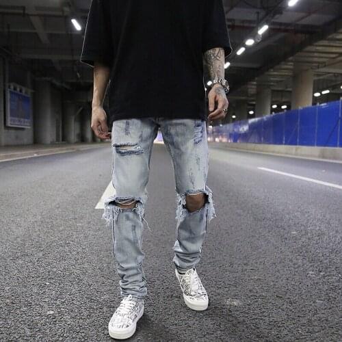 Men Jeans High Street Wash Whitening Big Hole Jeans Street Rap Tide Male Trousers Designer Jeans Biker Jeans Mens Skinny Jeans