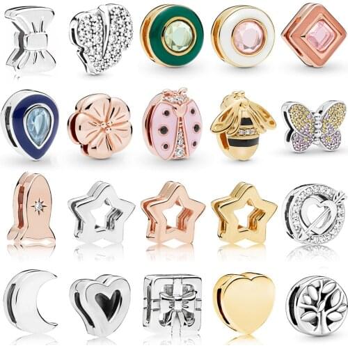 NEW 100% 925 Sterling Silver Reflexions Clip Charm In Shine Gold & Rose Clear CZ Cubic Zircon Fit Girl DIY Bracelet Jewelry Gift