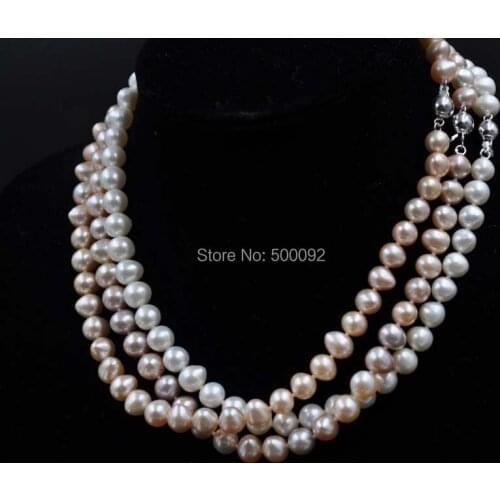 Wholesale 3 strands 7.5-8mm natural color cultured pearl necklace