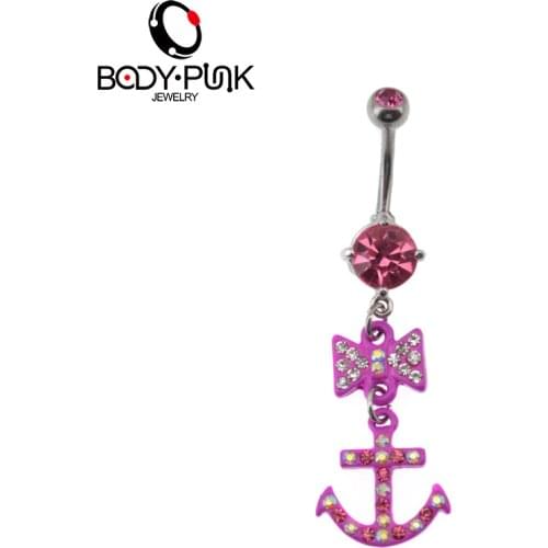 Body Punk Romantic Pink Anchor and Bowknot Dangle Stainless Steel Belly Button Ring Navel Piercing Special Body Jewelry Gift