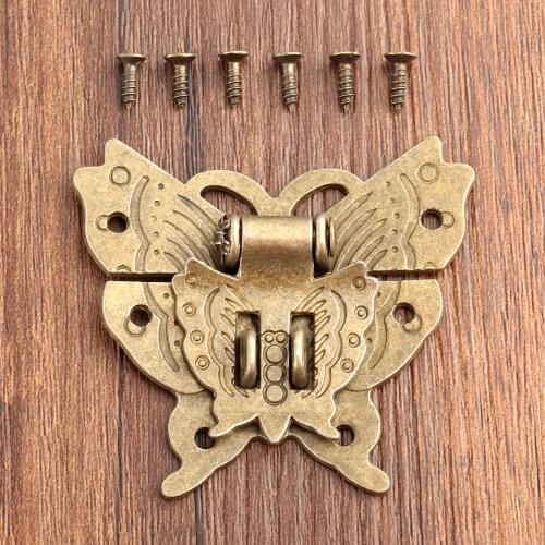 Vintage Jewelry Wooden Box Padlock Antique Bronze Butterfly Hasp Latch Cabinet Buckle Case Locks Furniture Hardware With Screws