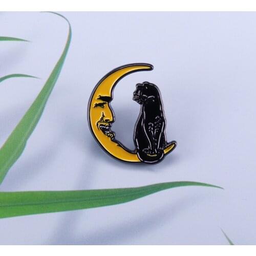 Vintage Moon with Black Cat brooch pin Smiling Crescent Moon enamel pin