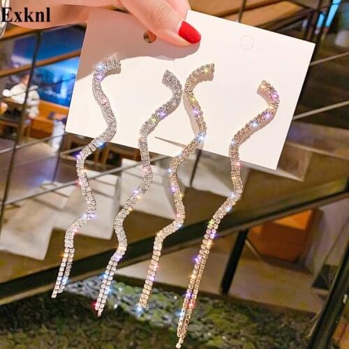 Exknl Long Tassel Crystal Drop Earring for Women Shiny Gold Silver Color Snake Rhinestone Dangle Earring Wedding Party Jewelry