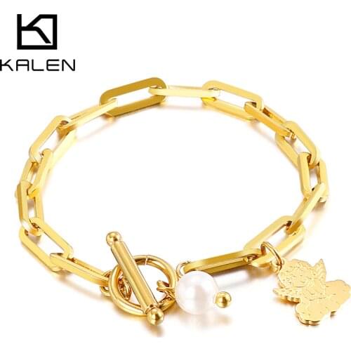 KALEN Cute Angel Pearl Charm Bracelets for Women Stainless Steel Fashion Luxury Jewelry Personality Gift