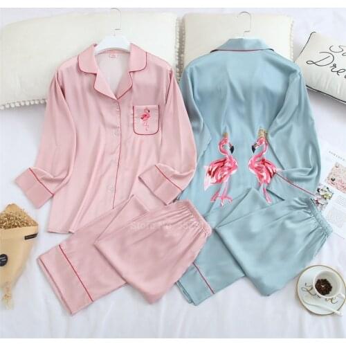 Women Pajamas Set Cartoon Flamingo Pattern Spring Summer 2021 New Sleepwear Suit Tops Bottoms Silk Casual Comfy Pyjamas