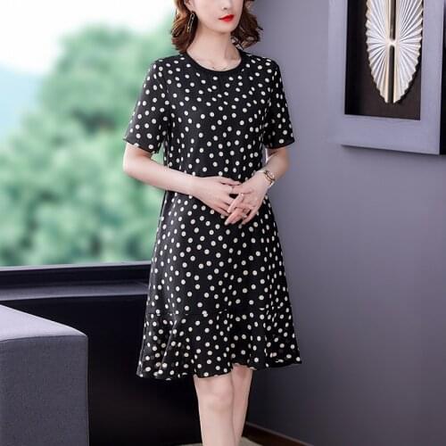 2021 Summer New Style Fashion Loose Comfortable Party Travel Storm Dot Round Neck Short Sleeve Fishtail Dress Dress for Women