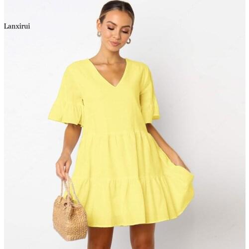 New Elegant V-Neck Mini Dress Women Fashion Casual Loose Solid Party Dress Ofice Ladies Long SleeveLoose Dress Vestidos