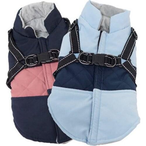 Pet Winter Skiing Costume Cotton Padded Dog Jacket Vest Plus Velvet Thicken Reflective Coat Pet Chest Strap Harness Back Zipper
