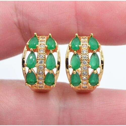 Gold Color Women Luxury Green Teardrop Cubic Zirconia CZ Huggie Hoop Earrings Jewelry
