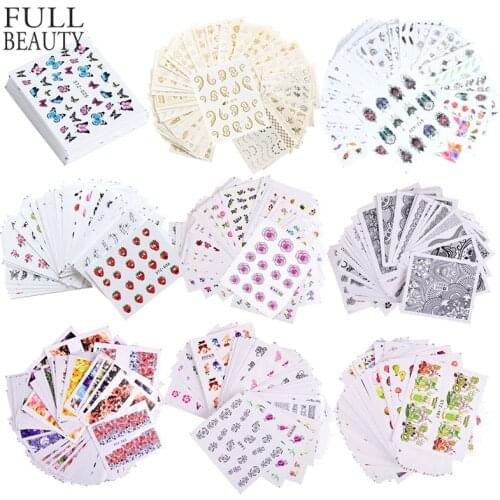 1 Set Mixed Design New Nail Art Sticker Set Black Lace Gold Silver Glitter Flower Water Decal Slider Wraps Decor Manicure CH830