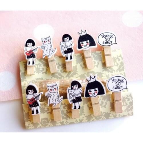 10 pcs/lot Cute Cat And Girl Wooden Clip Photo paper Clothespin Craft Clips Party Decoration Clip with Hemp Rope