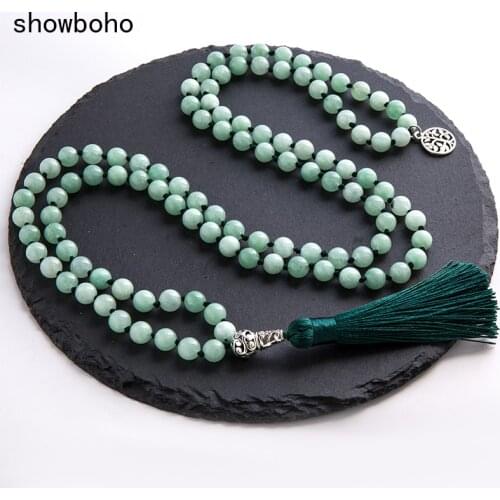 8mm Burmese Jade Knotted Beaded Mala Necklace Meditation Yoga Blessing Lucky Tibetan Jewelry 108 Japamala Rosary Tassel Pendent