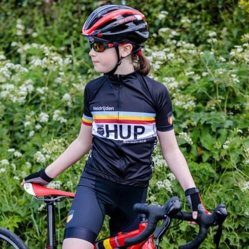 Kids Black Cycling Jersey Set Team Bike Shirts Boy Girls Summer Mtb Wear Shorts Children Cycling Clothing Kit