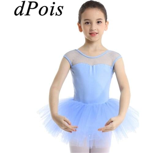 DPOIS Kids Girls Ballet Dress For Girls Dancewear Stretch Mesh Splice U-shaped Back Ballet Dance Gymnastics Leotard Tutu Dress