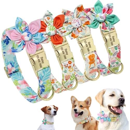 Personalized Dog Collar Printed Customized Pet Collar For Small Medium Large Dogs Free Engraved Collars Floral Dog Accessories