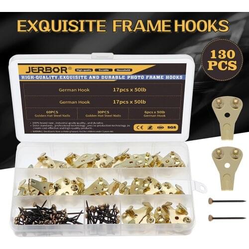 JERBOR 40PCS 50lb German Style Picture Hook Hanger for Picture Frame Durable Picture Hook With 90pcs Wire Rope Screws Nails
