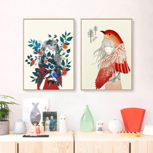 Nordic Style Deer Birds Flowers Girls Canvas Painting Poster And Prints Wall Art Pictures For Living Room Home Decor Cartoon