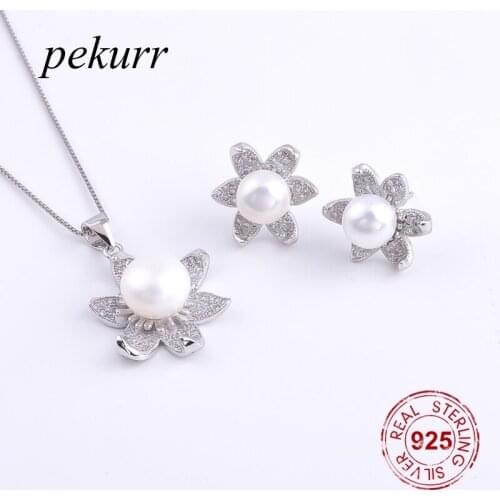 Pekurr 925 Sterling Silver Big Piranha Flower Freshwater Natural Pearl Earrings Necklace Sets For Women Zircon Pendants Jewelry