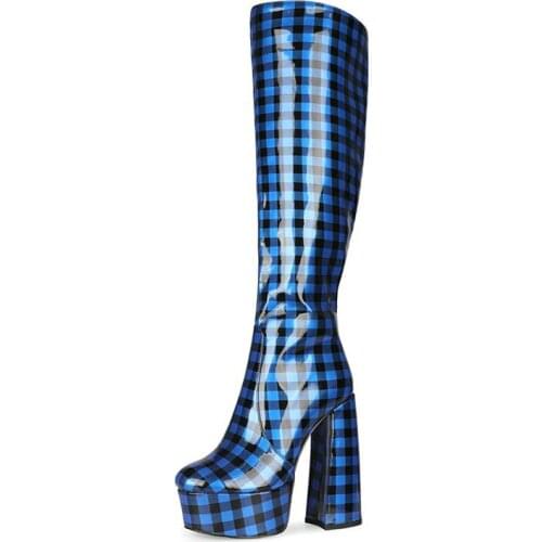 Round Toe Platform Boots Women 14.5Cm Thick Heel Waterproof Rain Boots For Women Gingham Patent Leather Women Boots Knee High