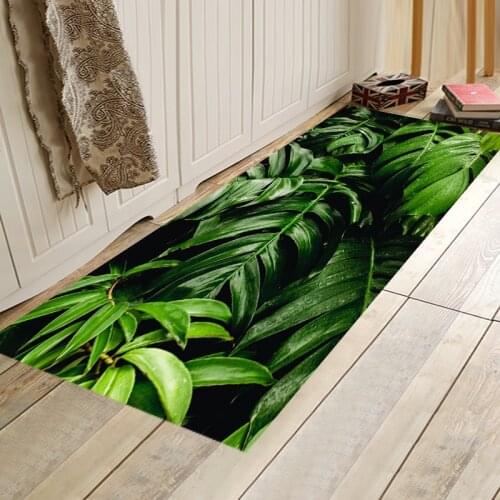 3D Printed Kitchen Carpet Green Leaves Pattern Bedroom Decor Rug Kids Room Play Rug Bedside Floor Mats Water Absorption Foot Mat