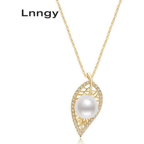 Lnngy 14K Gold Filled Freshwater Pearl Necklace Pendants 10-10.5mm Pearl Leaf Shape Pendant Necklace Jewelry Women Pearls Gift