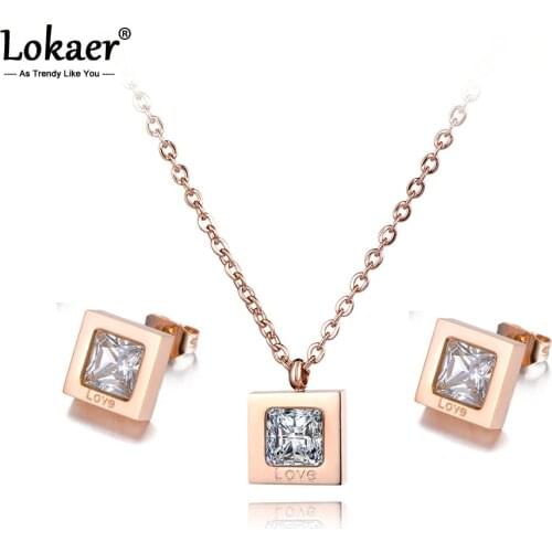 Lokaer Trendy Square CZ Crystal Lovely Necklace Earrings Bridal Sets Titanium Steel Engagement Wedding Jewelry For Women SE023
