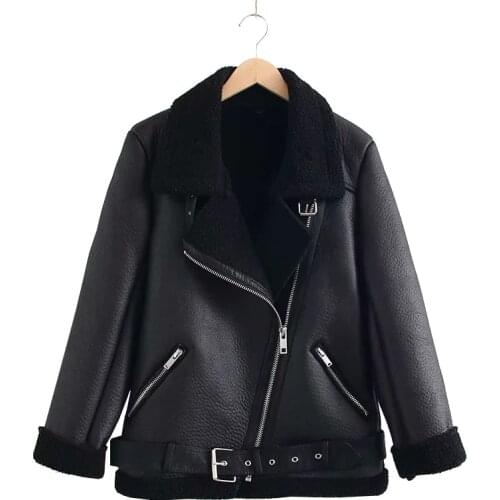 Fur Long Sleeved Loose Belt Warm Womens Jacket Lamb Wool Winter Thickened Locomotive Lapel Female Coat Beige Black Chic PU Tops