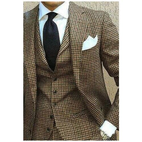 New Coat Pant Houndstooth Mens Suits Slim Fit Grooms Wear Tuxedo Wedding Suits For Men Blazer Masculino Plus Size(suit+vest+pan