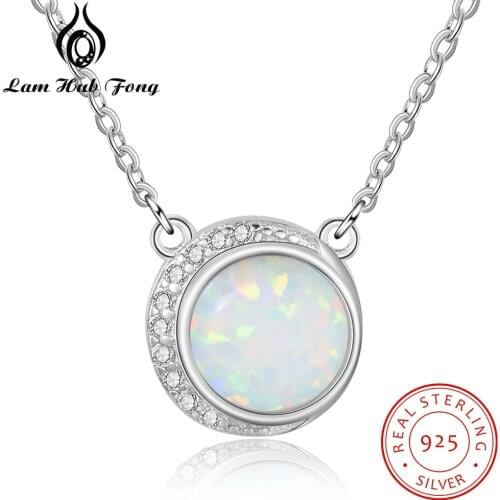 925 Sterling Silver Opal Pendant Necklaces for Women Round White Opal Necklace Cubic Zirconia Fine Jewelry Gift (Lam Hub Fong)