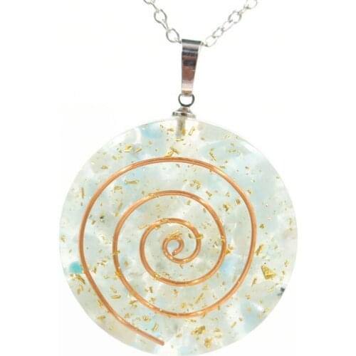 Rose Gold Colors Spiral Aquamarines Crystal and Resin Orgone Energy Pendant Round Necklace Black Obsidian Jewelry
