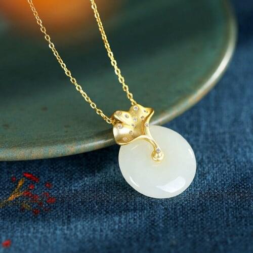 S925 Sterling Silver Hetian Jade White Jade Pendant Necklace Pendant Peace Buckle Lotus Sweater Chain Pendant High-Grade Ornamen