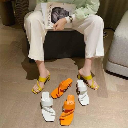 Sandals Women Summer New 2021 Luxury Women Low Heels Mules Flip Flops Square Toe Block High Heels Slippers Fashion Shoes