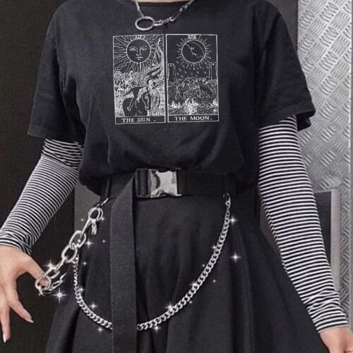 Sunfiz YF The Sun & The Moon Tee Fashion Vintage Womens Dark Pattern Printing Loose Punk Top Gothic Harajuku Street Style Tee