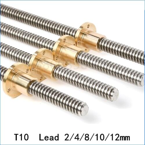 3D Printer CNC Trapezoidal Rod Linear T10 Screw Thread 10mm Lead 2/4/8/10/12mm Shaft Length 100 To 550mm Brass Nut Stepper Motor
