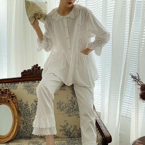 Spring Autumn Cotton Sweet Princess Long-Sleeved Pajamas Round Neck White 2 Piece Women Wear Pijama Mujer Cute Lace Sleepwear