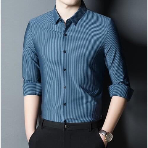 High Quality Purple Pinestriped Business Work Shirts For Mens Office Wear Social Dress Blue Large Size Husband Father Clothes