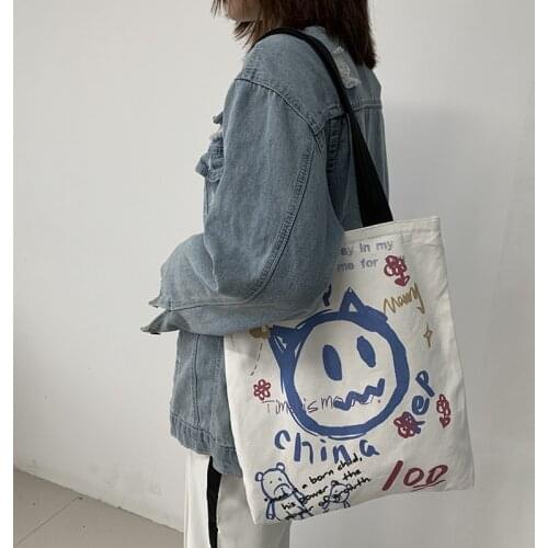 Women Canvas Tote Bags Korean Cartoon Letter Zipper Handbag Cotton Cloth Shoulder Shopping Bag Eco Foldable White Shopper Bag