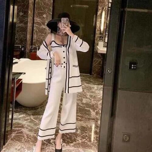 Women Casual Pant Set 2021 Spring Ladies V Neck Vest Top + Cardigan + Wide-leg Pants Suits Knitted Three-piece Suit Y465