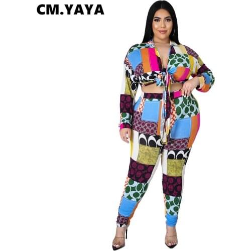 CM.YAYA Women Plus Size Tracksuit Print Full Sleeve Bandage Turn-down Collar Crop Tops Skinny Pants Two 2 Piece Sets Oufit Fall