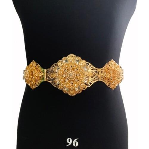 Plus Size Crystal Flower Wedding Belts Plated Gold Turkish Caftan Belt Long Chain for Gown Arabic Wedding Bridal Accessories
