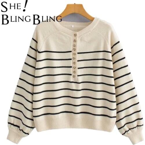 SheBlingBling Za 2021 Women Sweater Autumn Retro Black and White Striped Loose Button Round Neck Striped Sweater Female Pullover