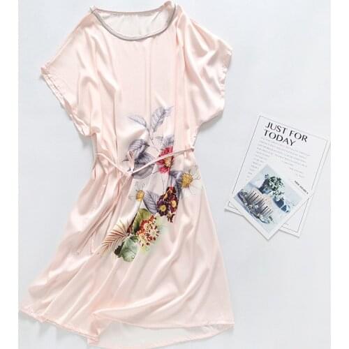 Sexy Lingerie Women Satin Night Dress O-Neck Print Flower Sleepwear Nightwear Casual Nighties Gown Loose Large Soft Sleep Robe
